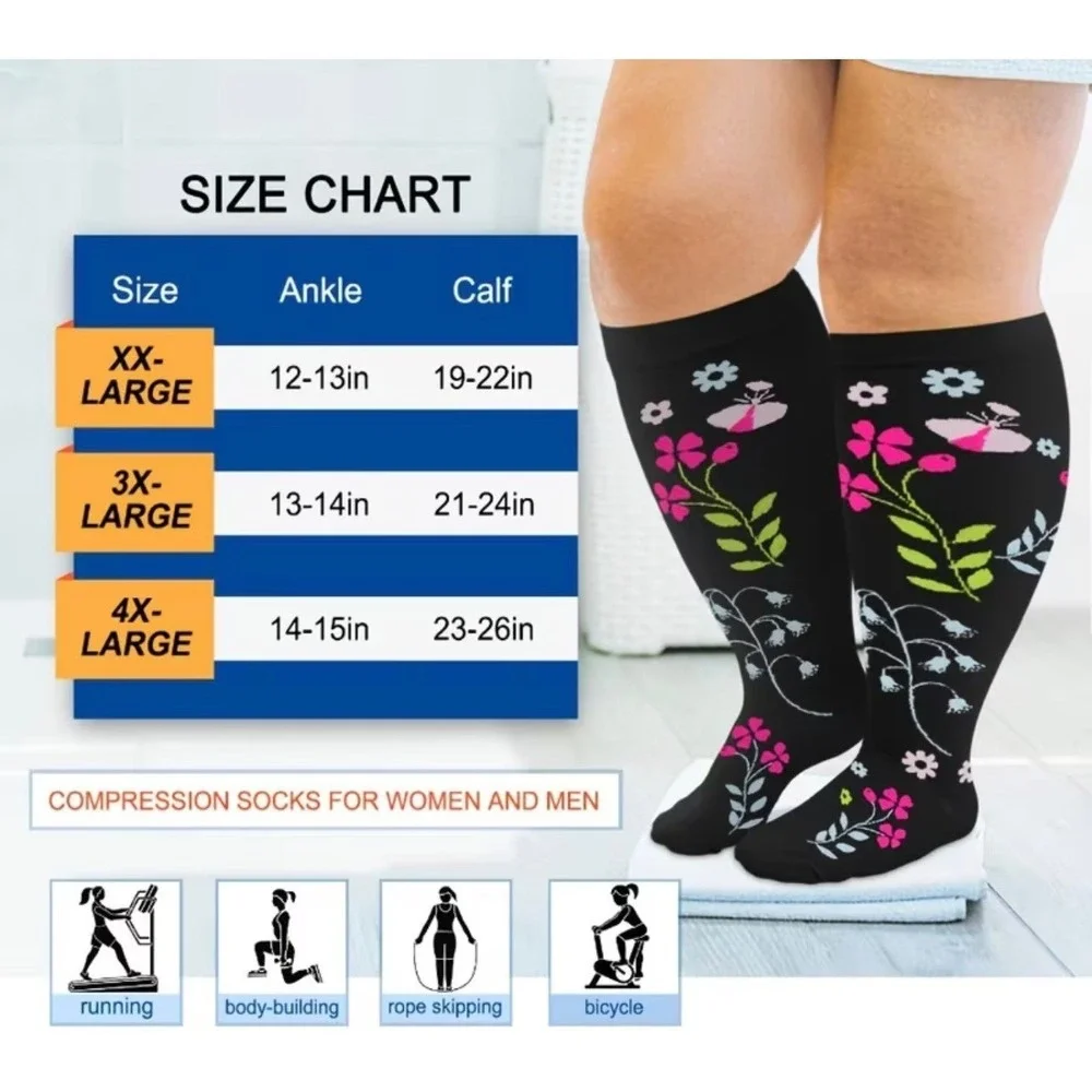 Unisex 20-30‎ mmHg Compression Socks 3XL Floral Double Gradient Medical 4 Pack